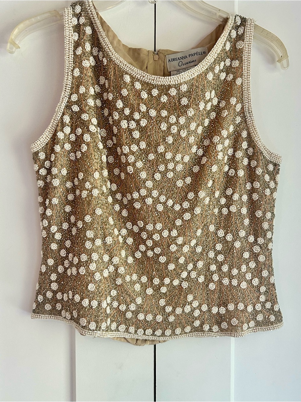 ADRIANNA PAPELL OCCASIONS 100% SILK FULLY LINED TAN BEADED EVENING  TOP, SZ 8P